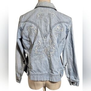 Coldwater Creek Women's Light Blue Embroidered Distressed Denim Jacket